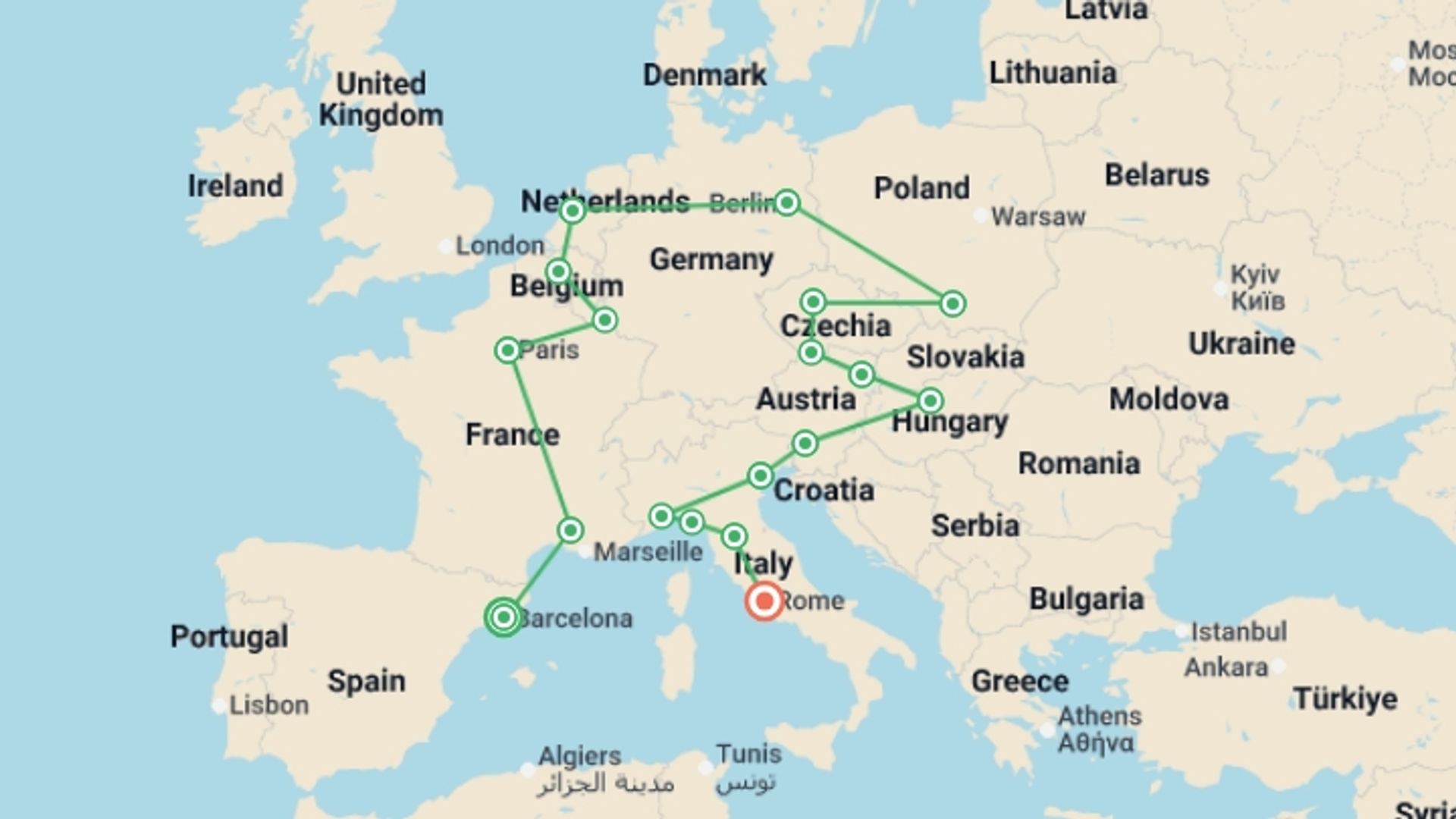 A map showing the tour itinerary for the trip: Europe Explorer, starting in Barcelona, Spain and ending in Rome, Italy going through 16 other destinations.