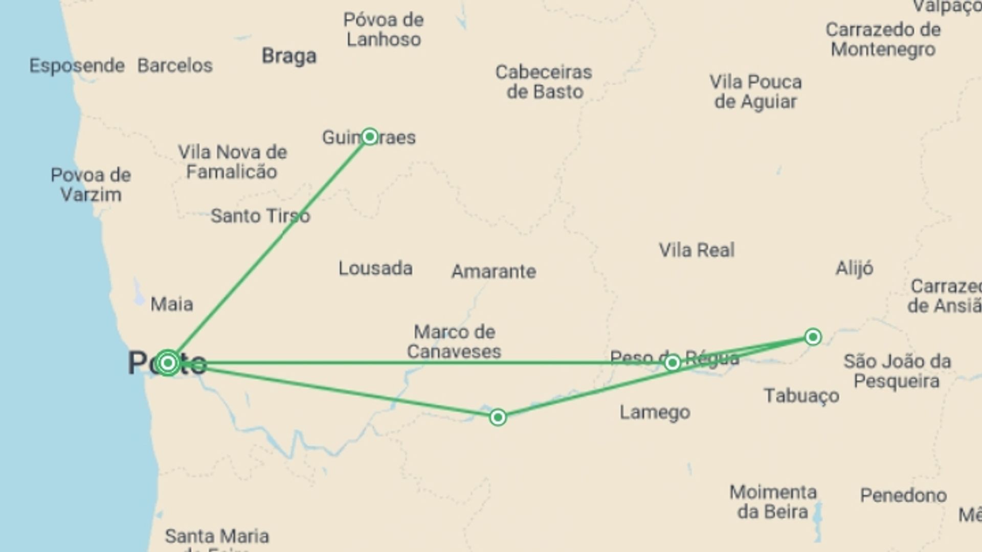 A map showing the tour itinerary for the trip: Porto and the Douro Valley (port-to-port cruise), starting in Porto, Portugal and ending in Porto, Portugal going through 3 other destinations.