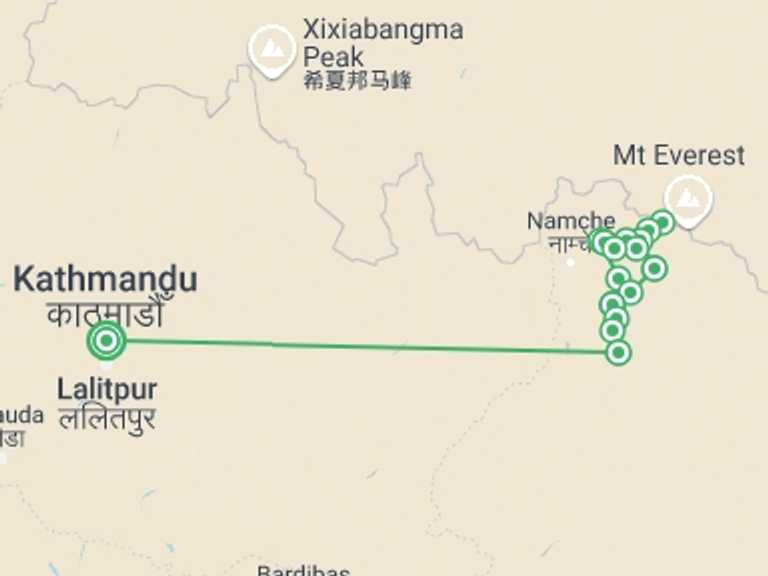 Map itinerary of Nepal Tour in Winter with 16 destination visits for the trip: Everest Base Camp & Gokyo Lakes Trek