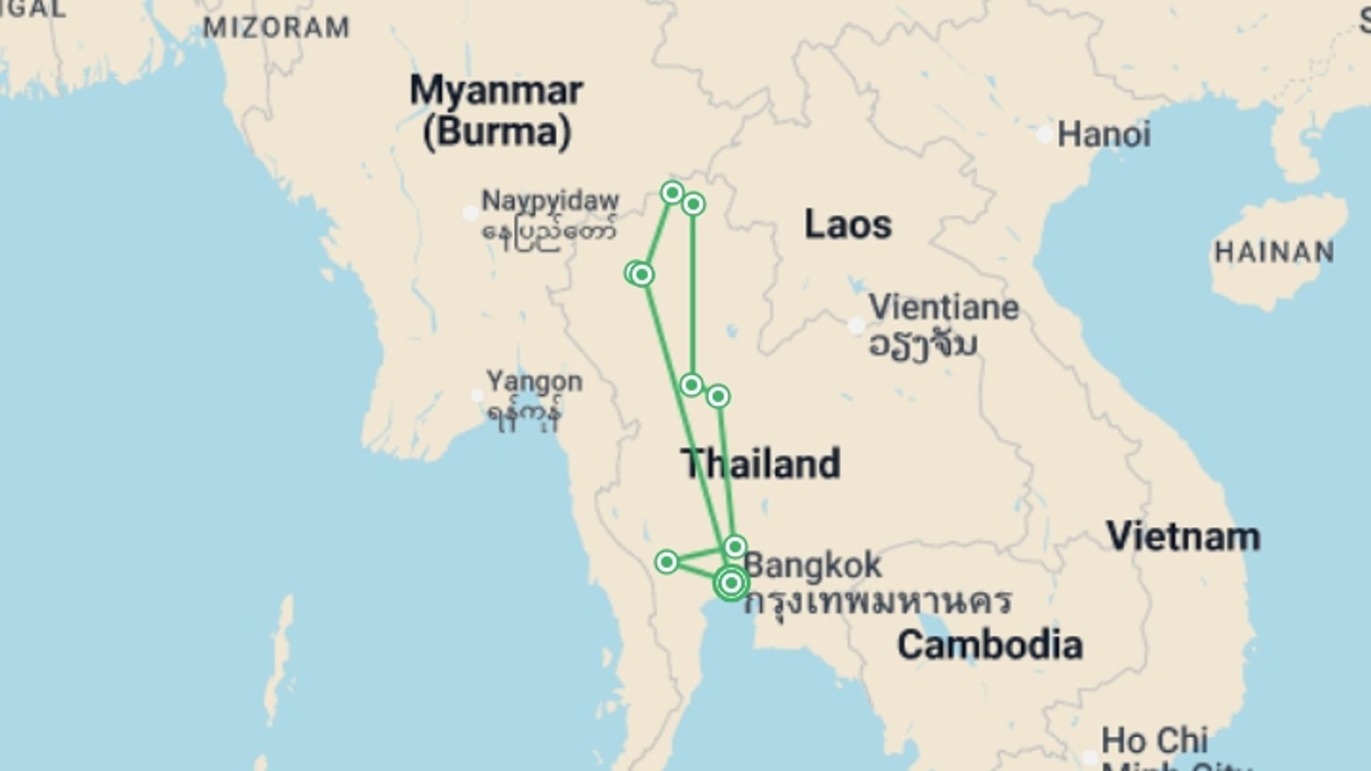 A map showing the tour itinerary for the trip: 11-day Discovery Of Siam, French-speaking Guide, starting in Bangkok, Thailand and ending in Bangkok, Thailand going through 5 other destinations.