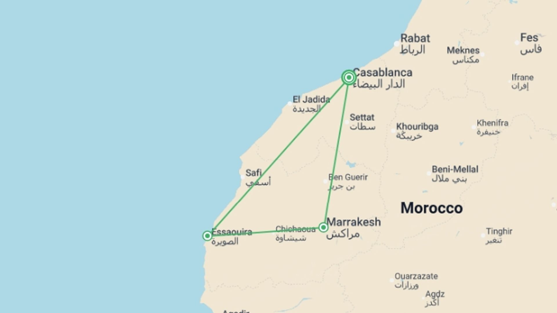 A map showing the tour itinerary for the trip: Casablanca & Coast - 7 days, starting in Casablanca, Morocco and ending in Casablanca, Morocco going through 2 other destinations.