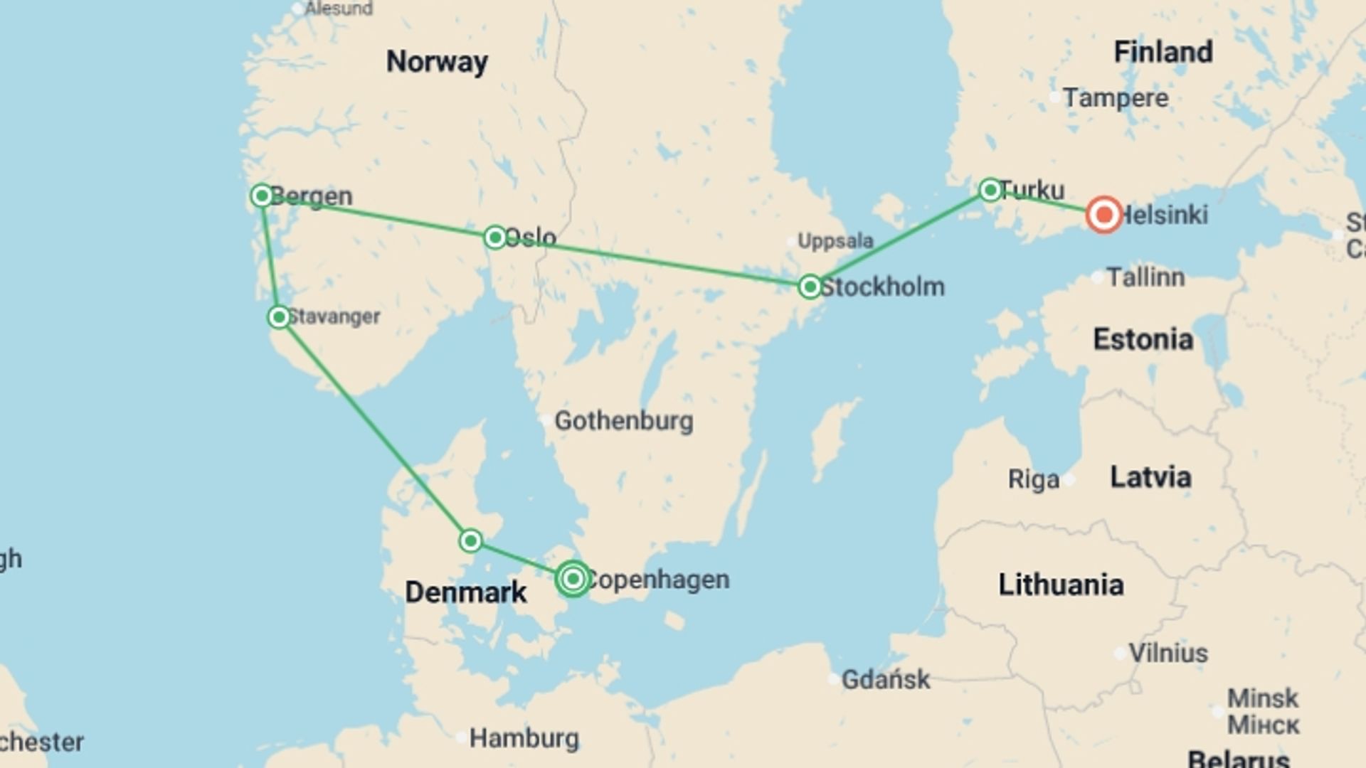 A map showing the tour itinerary for the trip: From Copenhagen to Helsinki, starting in Copenhagen, Denmark and ending in Helsinki, Finland going through 6 other destinations.