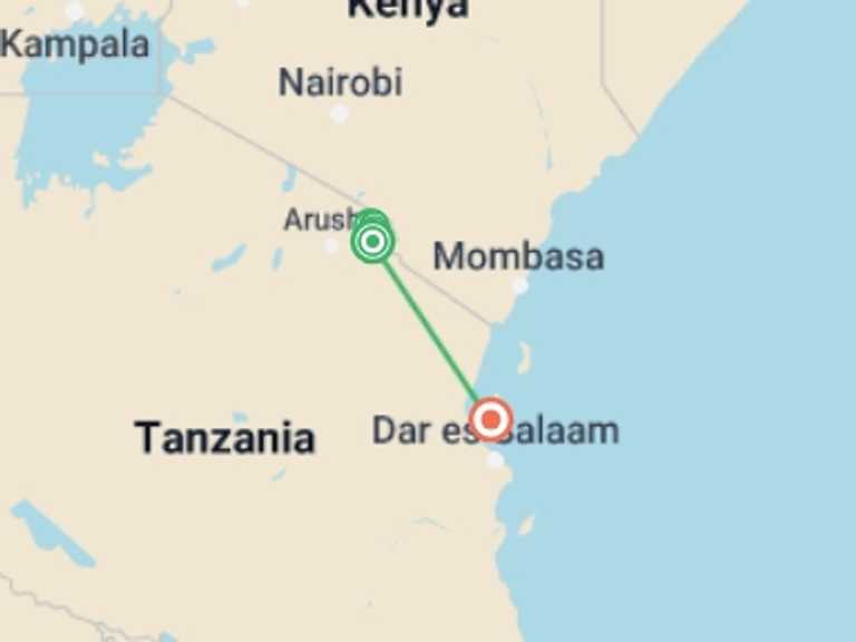 Map of Tanzania Tour with 8 destination visits for the trip: Kilimanjaro - Machame Route & Zanzibar Adventure