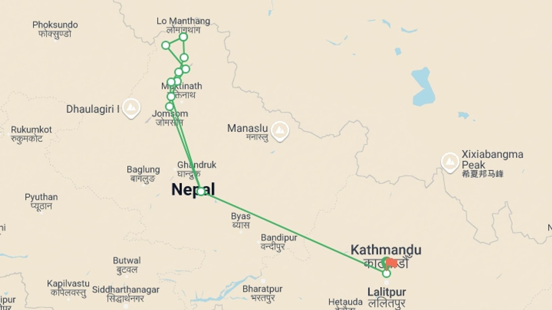 A map showing the tour itinerary for the trip: Upper Mustang trek, starting in Kathmandu, Nepal and ending in Kathmandu, Nepal going through 11 other destinations.
