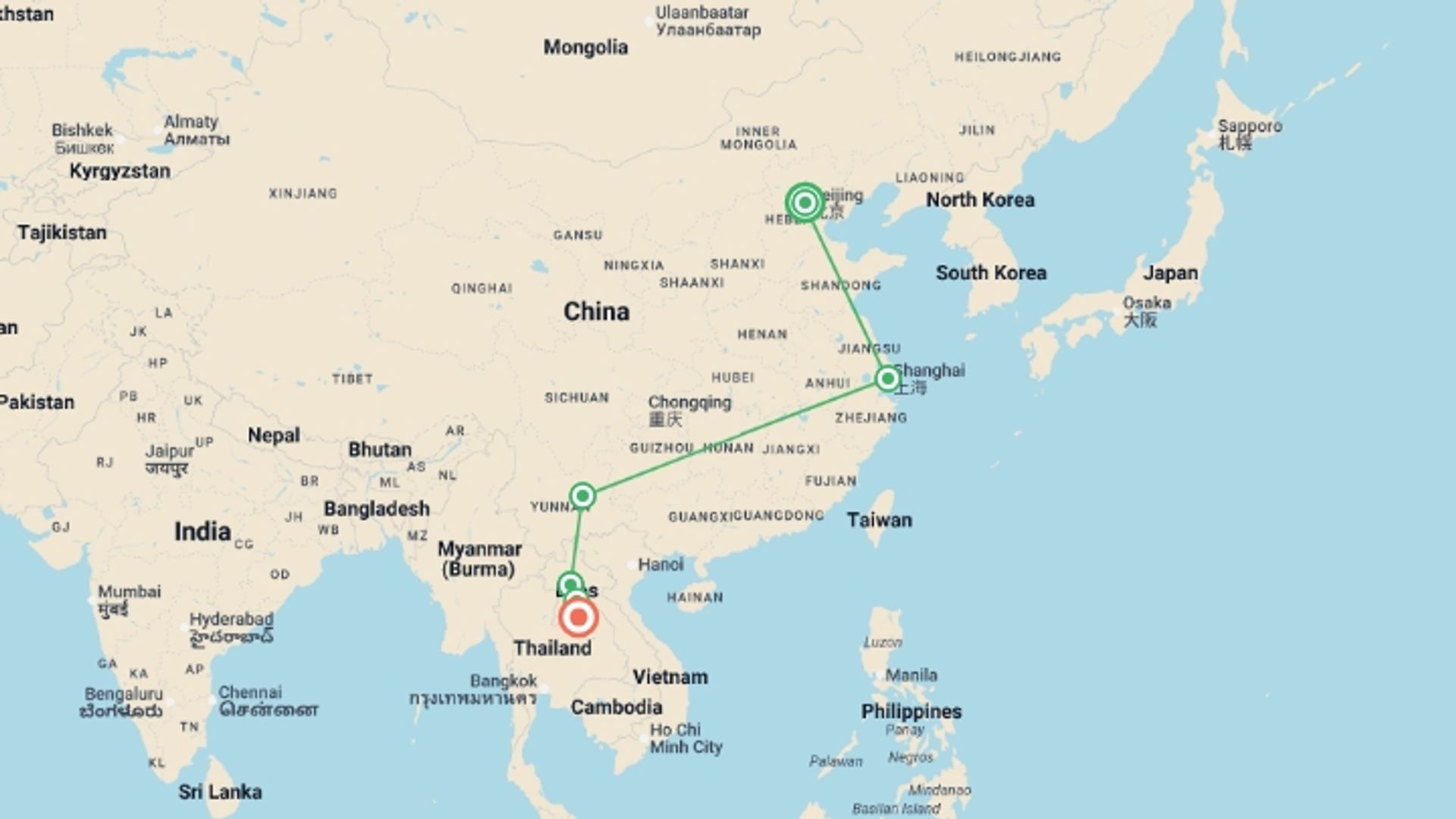 A map showing the tour itinerary for the trip: The Best of China and the Trails of Laos, starting in Beijing, China and ending in Vientiane, Laos going through 4 other destinations.