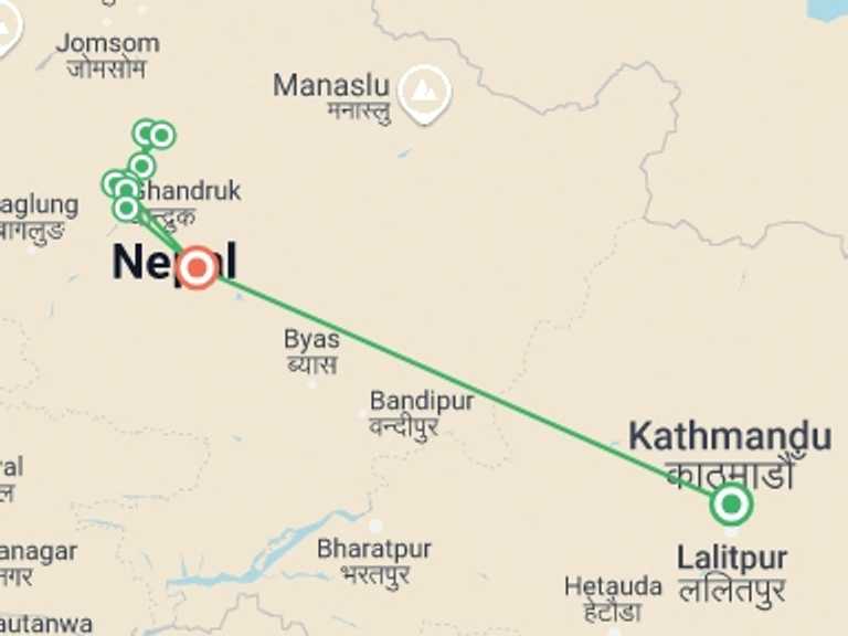 Map of Pokhara Trekking and Hiking Tour with 10 destination visits for the trip: Annapurna Base Camp Trek - 9 Days