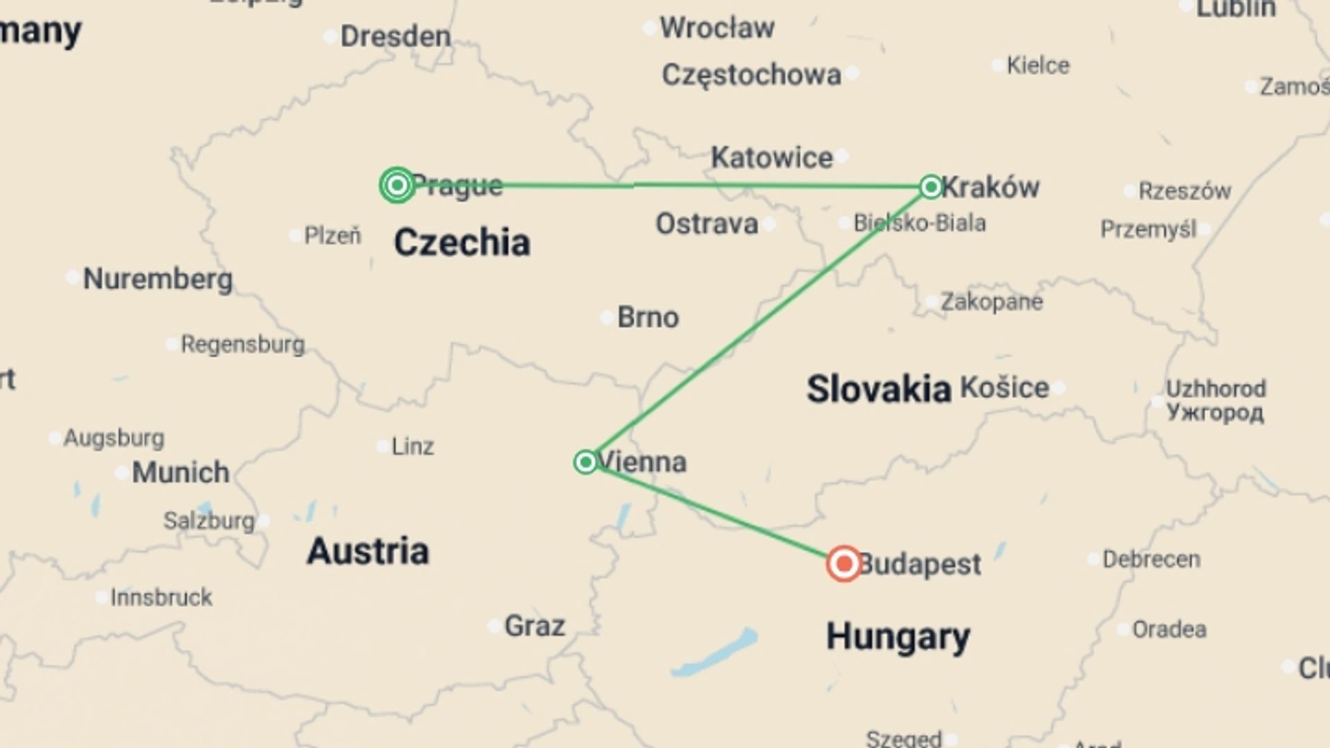 A map showing the tour itinerary for the trip: Best of Central Europe: Small Group Tour, starting in Prague, Czech Republic and ending in Budapest, Hungary going through 2 other destinations.