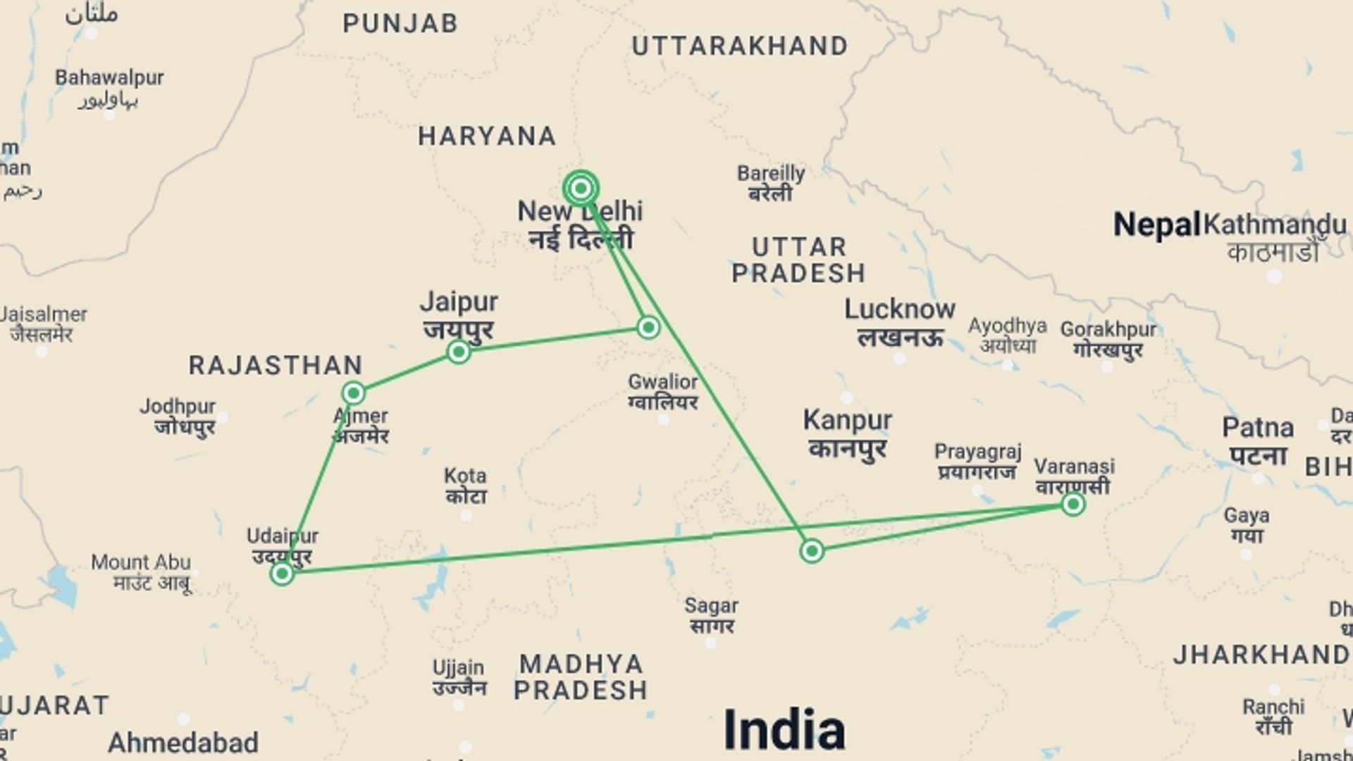 A map showing the tour itinerary for the trip: Fascinating India, starting in New Delhi, India and ending in New Delhi, India going through 6 other destinations.