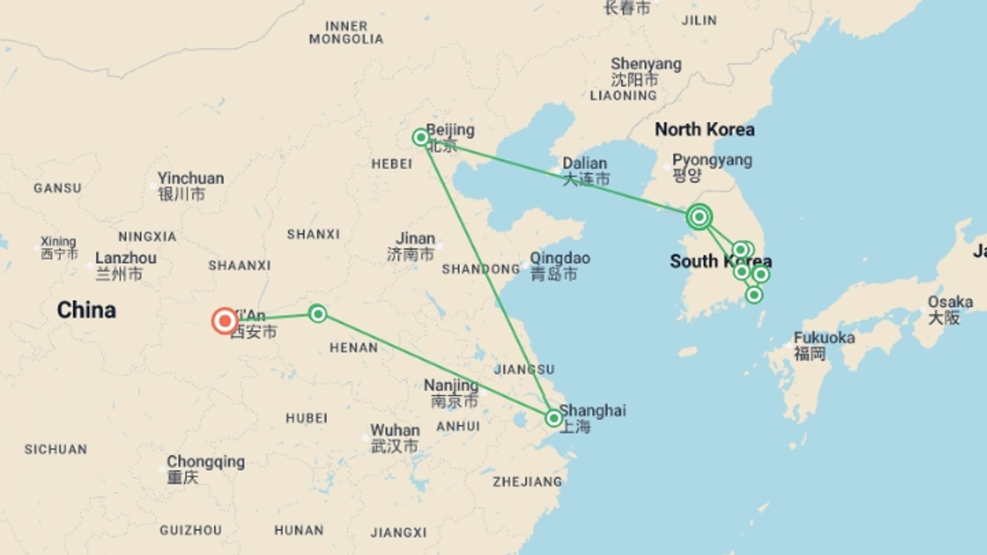 A map showing the tour itinerary for the trip: Korea and the Golden Triangle in China, starting in Seoul, South Korea and ending in Xian, China going through 5 other destinations.