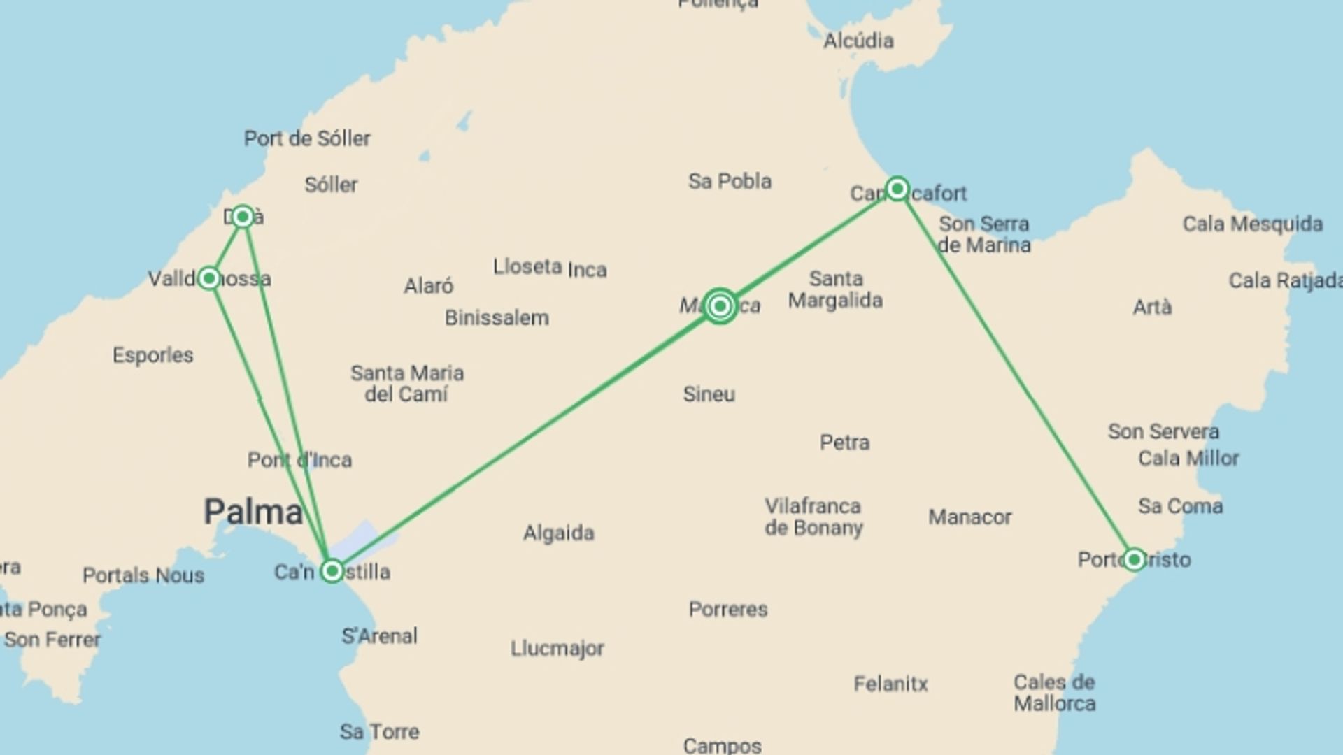 A map showing the tour itinerary for the trip: Classic Mallorca, Self-drive, starting in Mallorca, Spain and ending in Mallorca, Spain going through 3 other destinations.