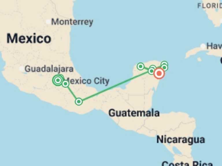 Map itinerary of North America Tour in Fall with 8 destination visits for the trip: Premium Mexico in Depth