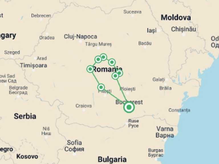 Map of a City sightseeing Tour with 5 destination visits for the trip: Transylvania Castle tour in 4 days from Bucharest