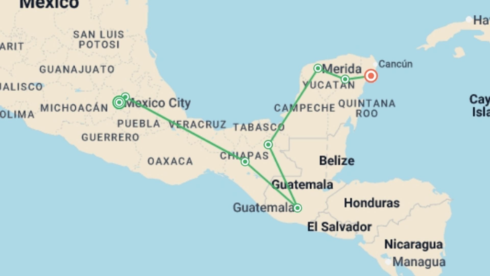 A map showing the tour itinerary for the trip: Highlights of Mexico, starting in Mexico City, Mexico and ending in Playa Del Carmen, Mexico going through 6 other destinations.