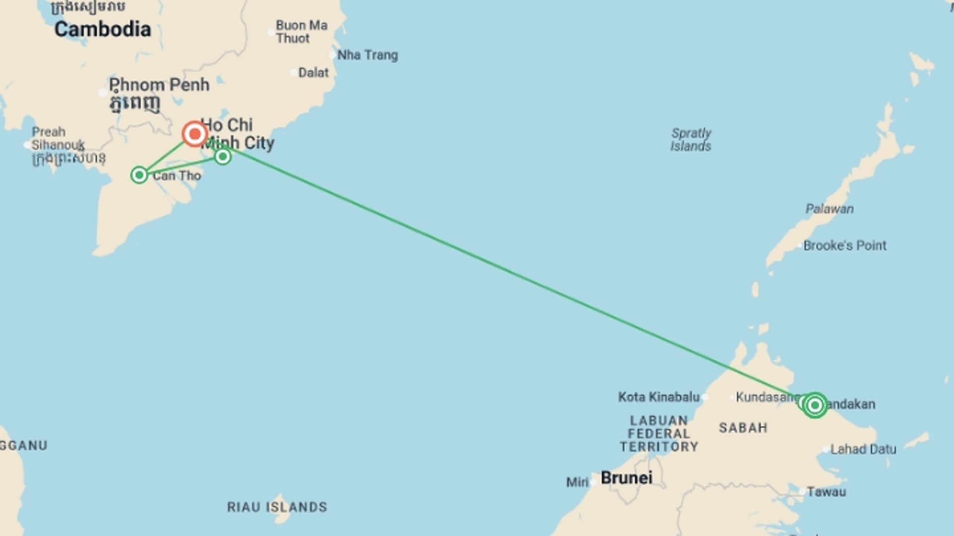 A map showing the tour itinerary for the trip: Malaysia & Vietnam Battlefield Tour, starting in Sandakan, undefined and ending in Ho Chi Minh City, undefined going through 3 other destinations.