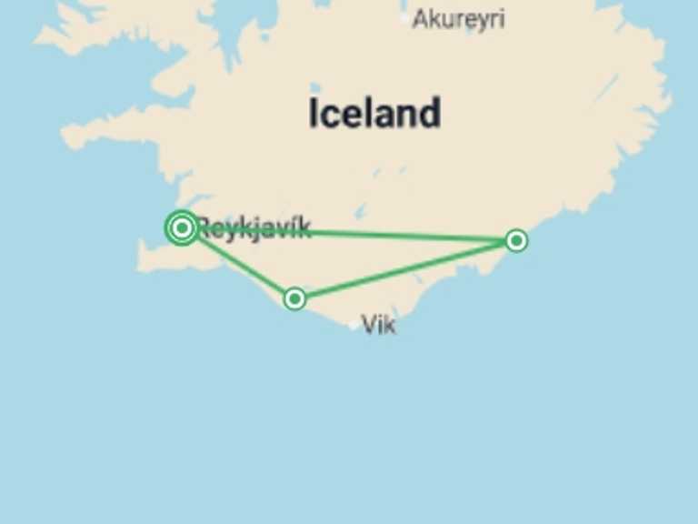 Map itinerary of Iceland Tour in January 2027 with 3 destination visits for the trip: Iceland Northern Lights