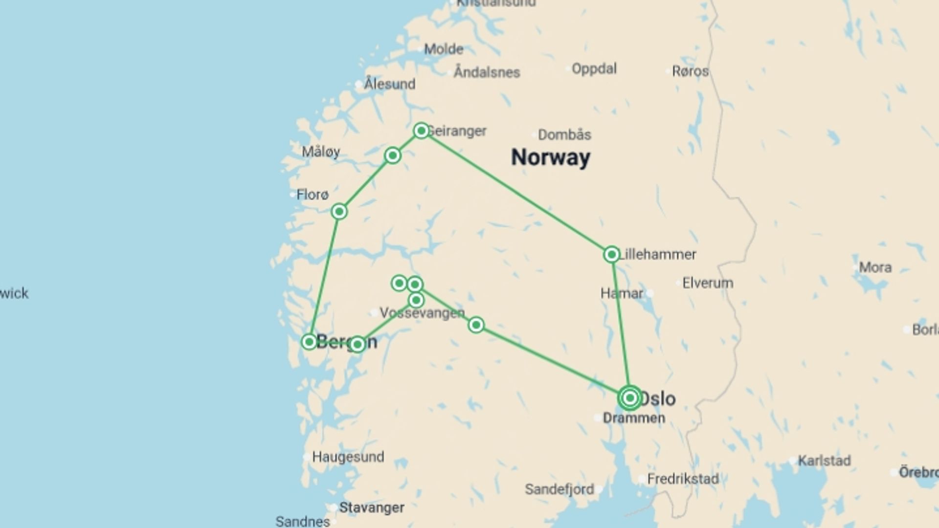 A map showing the tour itinerary for the trip: Scenic Norway Self-Drive - 14 days, starting in Oslo, Norway and ending in Oslo, Norway going through 8 other destinations.