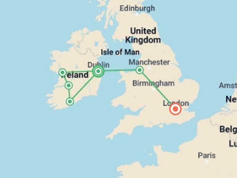 Map of 9-Day London Tour with 6 destination visits for the trip: Highlights of Ireland with London