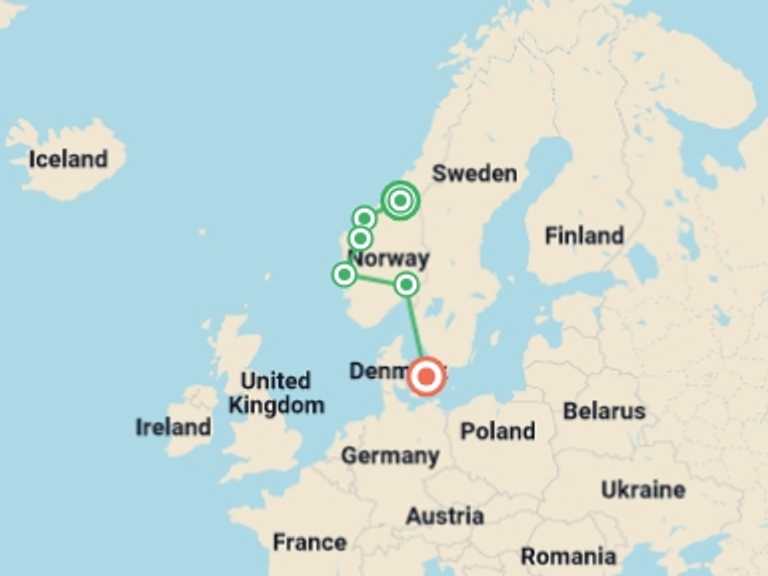 Map of Europe Cultural, religious and historic sites Tour with 6 destination visits for the trip: The beautiful Norway End Copenhagen