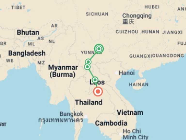 Map itinerary of South East Asia Tour in February 2026 with 5 destination visits for the trip: Kunming to Laos - 10 days