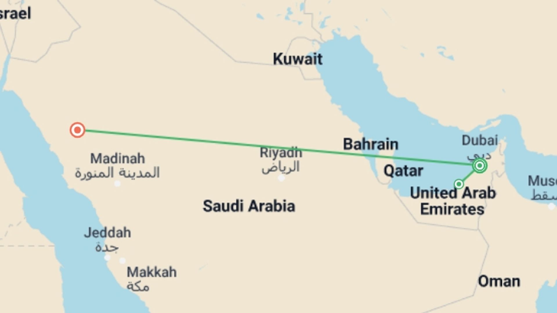 A map showing the tour itinerary for the trip: Highlights of UAE and Saudi Arabia, starting in Dubai, UAE and ending in Al Ula, Saudi Arabia going through 1 other destinations.