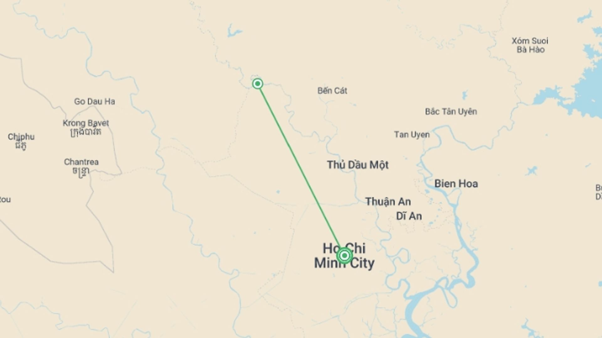 A map showing the tour itinerary for the trip: Ho Chi Minh City & Cu Chi Tunnels - 5 days, starting in Ho Chi Minh City, Vietnam and ending in Ho Chi Minh City, Vietnam going through 0 other destinations.