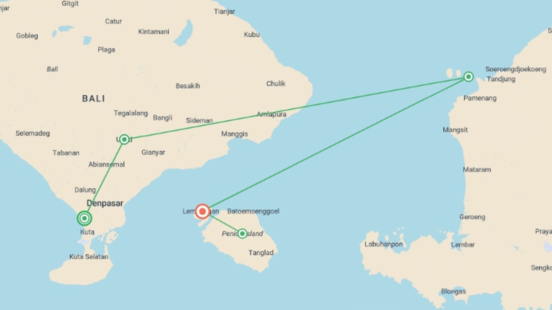 A map showing the tour itinerary for the trip: Highlights of Bali - 10 days, starting in Seminyak , Indonesia and ending in Nusa Lembongan, Indonesia going through 3 other destinations.