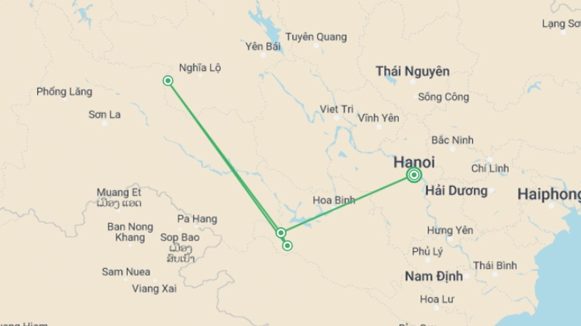 A map showing the tour itinerary for the trip: Mai Chau - Pu Luong Trekking 3 Days 2 Nights, starting in Hanoi, Vietnam and ending in Hanoi, Vietnam going through 2 other destinations.