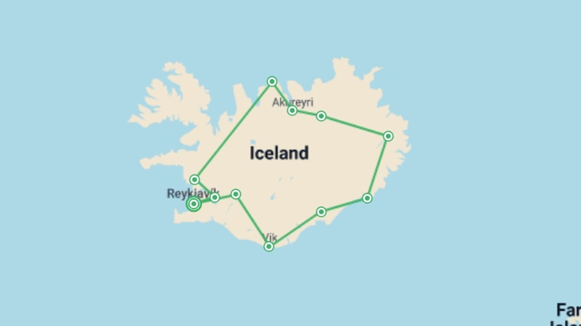 A map showing the tour itinerary for the trip: Iceland Explorer Winter, starting in Reykjavik, Iceland and ending in Reykjavik, Iceland going through 8 other destinations.