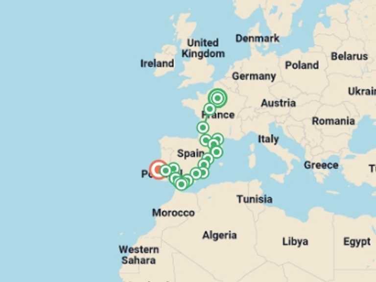 Map of 15-Day Europe Tour with 9 destination visits for the trip: France, Spain and Portugal