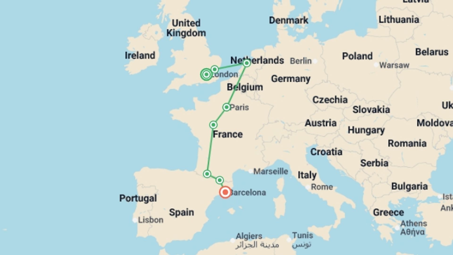 A map showing the tour itinerary for the trip: Remarkable Journey end Barcelona, starting in London, England and ending in Barcelona, Spain going through 6 other destinations.