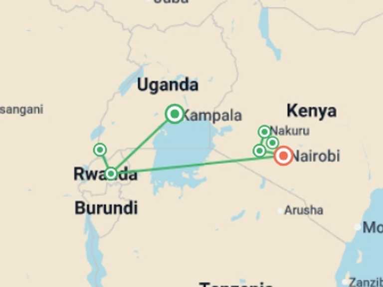 Map of 13-Day Nairobi Tour with 6 destination visits for the trip: Premium Uganda, Rwanda & Kenya