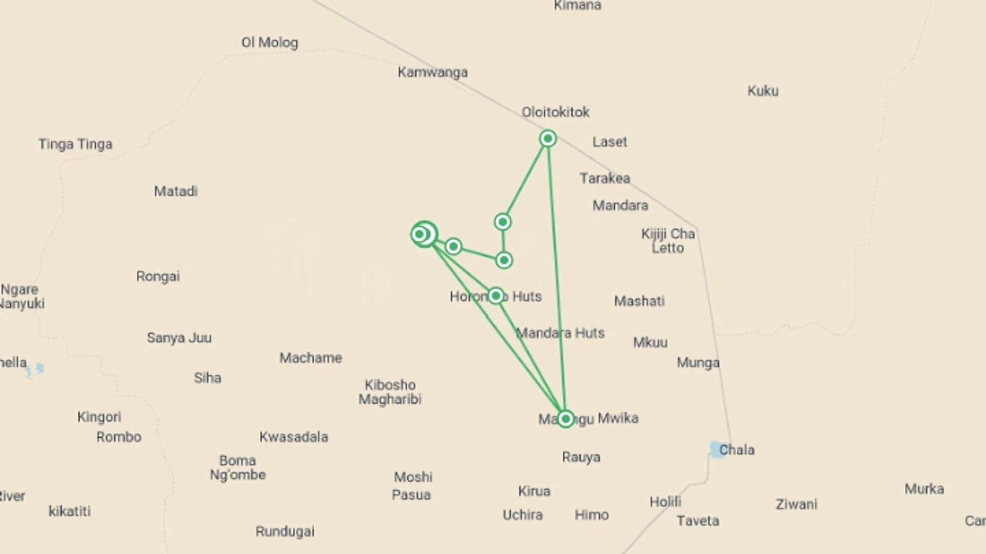 A map showing the tour itinerary for the trip: Kilimanjaro - Rongai Route, starting in Kilimanjaro Marangu Route, Tanzania and ending in Kilimanjaro Marangu Route, Tanzania going through 6 other destinations.