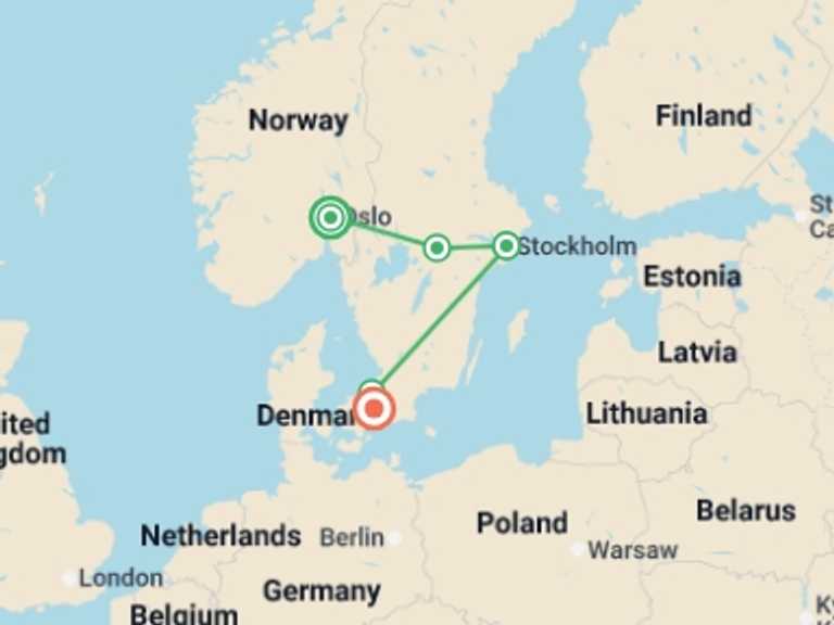 Map of a City sightseeing Tour with 3 destination visits for the trip: Pearls of Northern Europe End Copenhagen