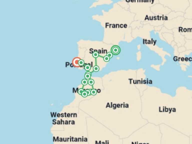 Map itinerary of Mediterranean Tour in October 2026 with 11 destination visits for the trip: Barcelona, Madrid, Mysterious Morocco and Lisbon