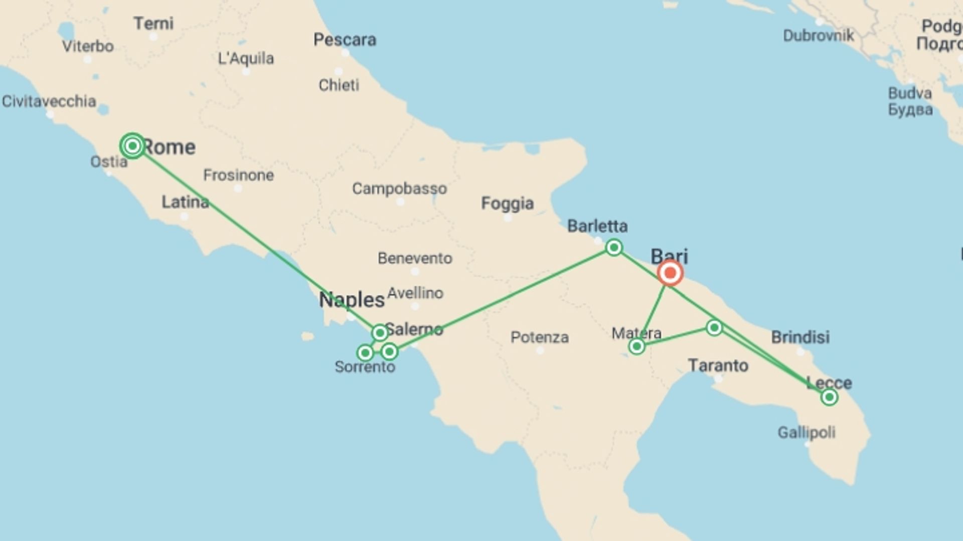 A map showing the tour itinerary for the trip: Rome to Southern Italy, starting in Rome, Italy and ending in Bari, Italy going through 7 other destinations.