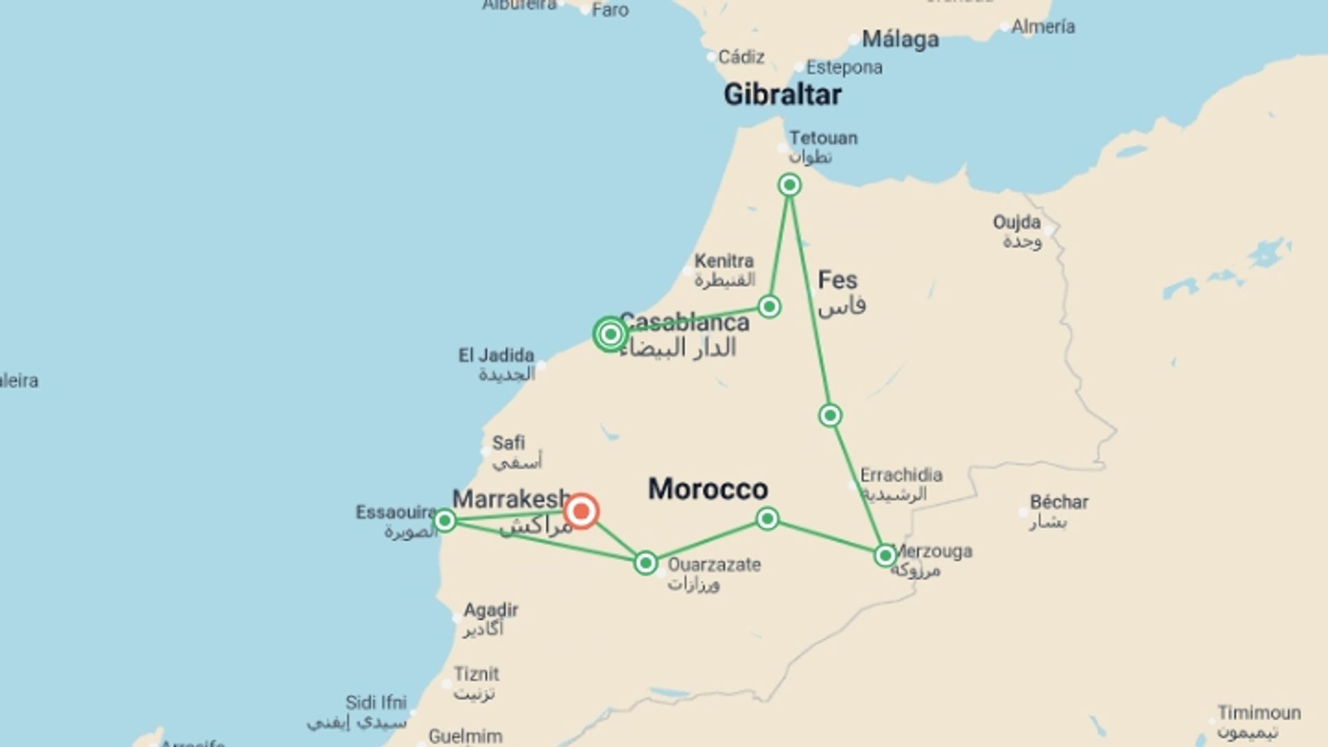 A map showing the tour itinerary for the trip: CASABLANCA to MARRAKECH (14 days) Morocco Encompas, starting in Casablanca, Morocco and ending in Marrakech, Morocco going through 8 other destinations.