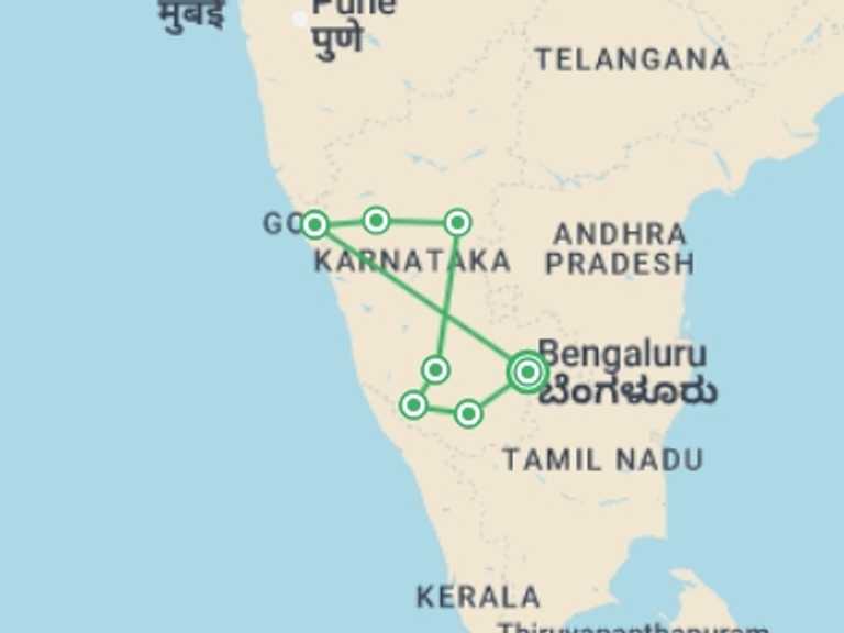 Map itinerary of Asia Tour in July 2026 with 7 destination visits for the trip: Karnataka With Exotic Goa Extension, French-speaking Guide, Private Tour