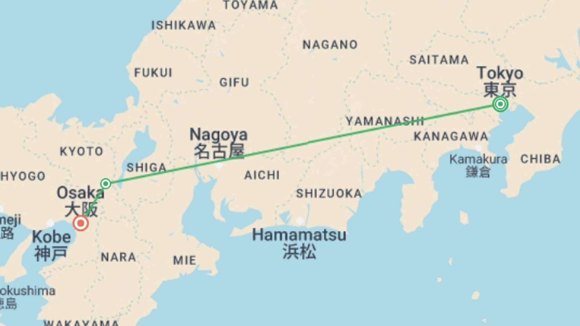 A map showing the tour itinerary for the trip: Delve Deep: Intro to Japan, starting in Tokyo, Japan and ending in Osaka, Japan going through 1 other destinations.