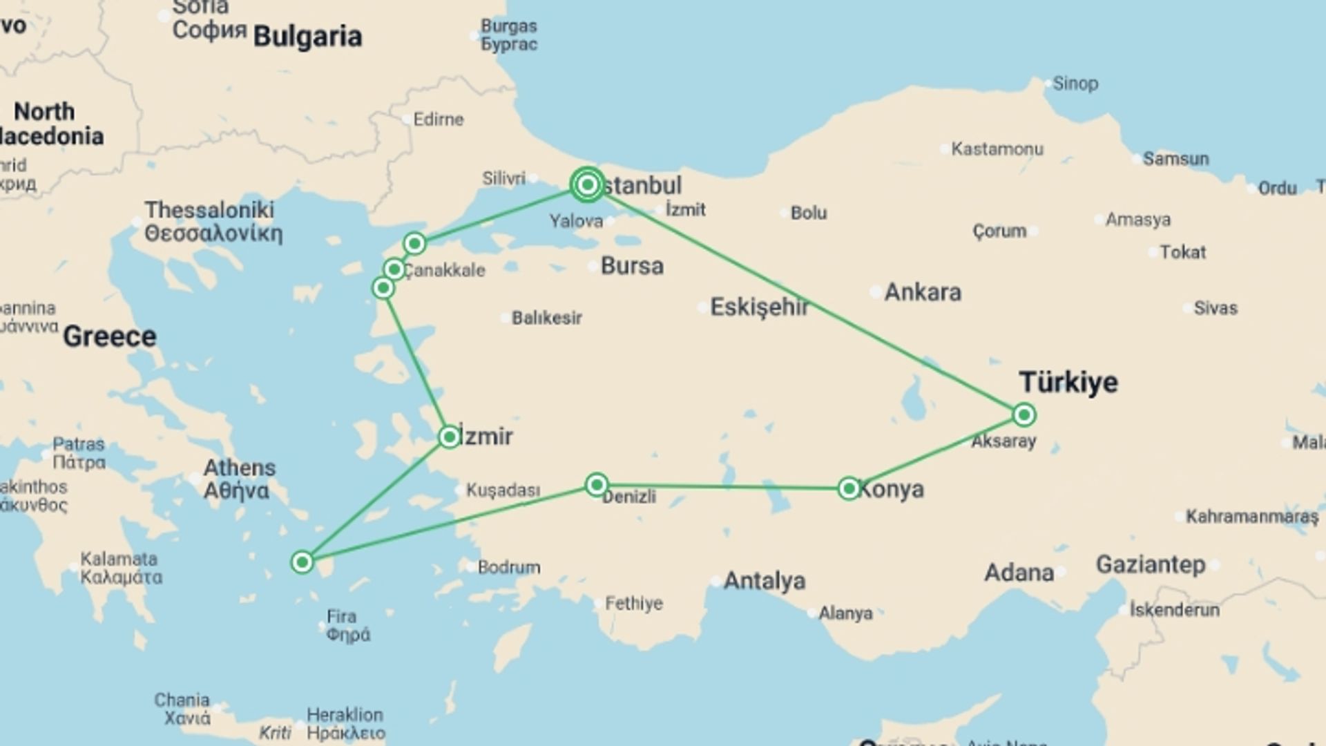 A map showing the tour itinerary for the trip: Highlights of Turkey, starting in Istanbul, Turkey and ending in Istanbul, Turkey going through 5 other destinations.