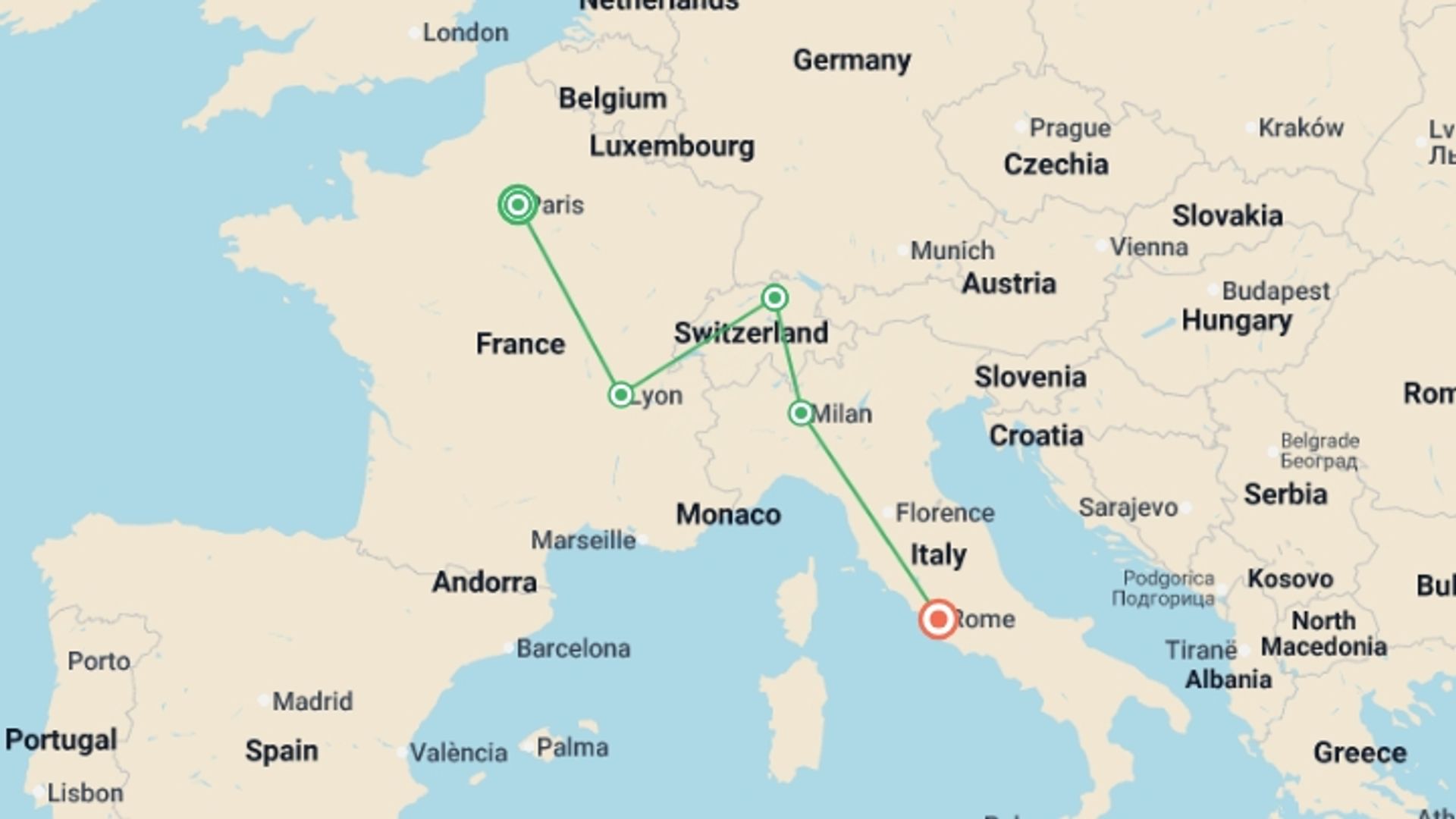 A map showing the tour itinerary for the trip: Paris to Rome A European Adventure - 11 days, starting in Paris, France and ending in Rome, Italy going through 3 other destinations.