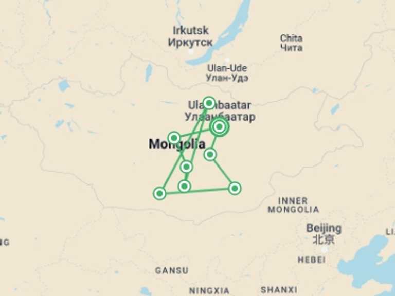 Map of Ulaanbaatar Cultural, religious and historic sites Tour with 9 destination visits for the trip: Mongolian Odyssey: Gobi Trails 10 Days