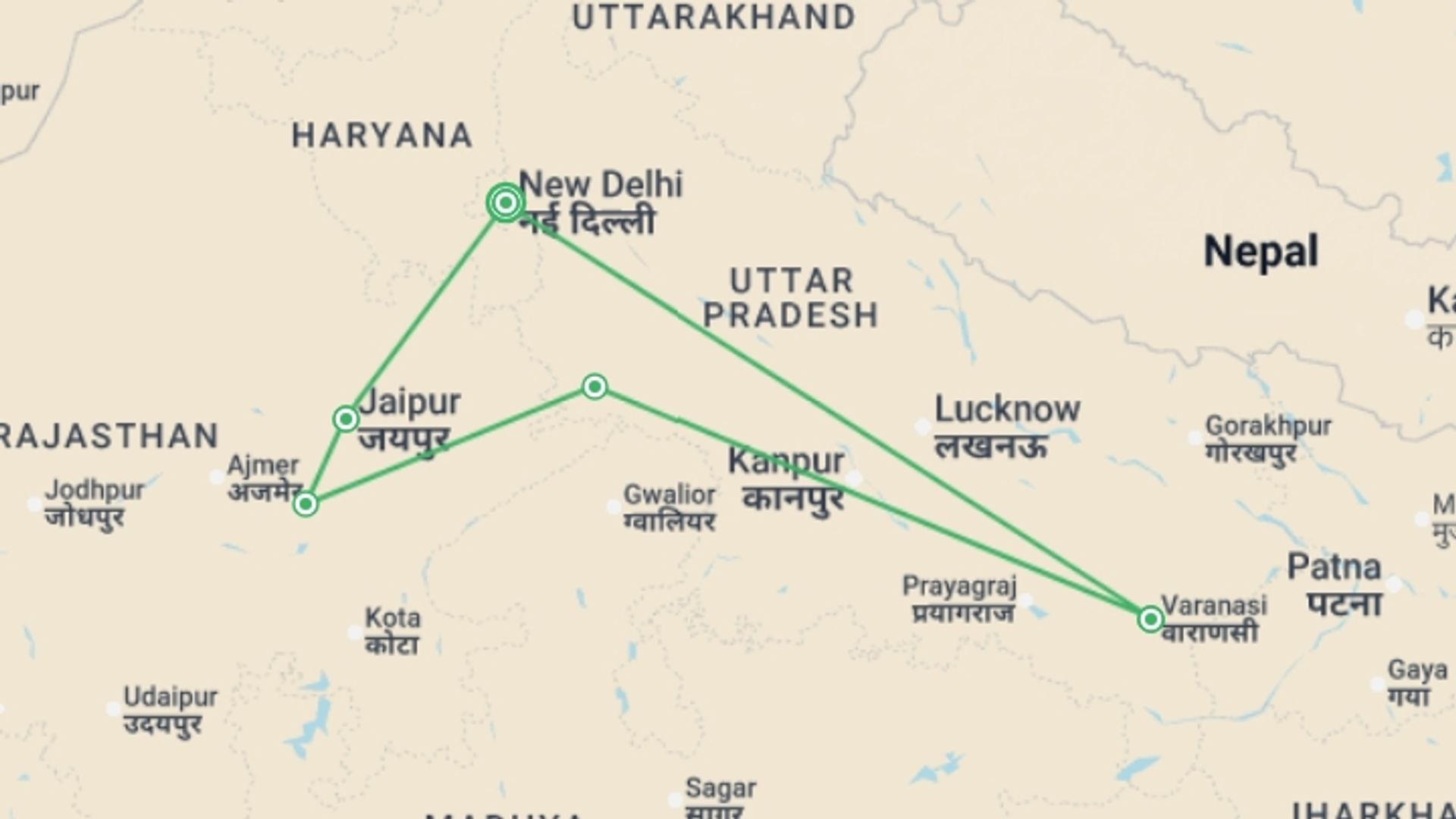 A map showing the tour itinerary for the trip: Indian Getaway, starting in New Delhi, India and ending in New Delhi, India going through 4 other destinations.