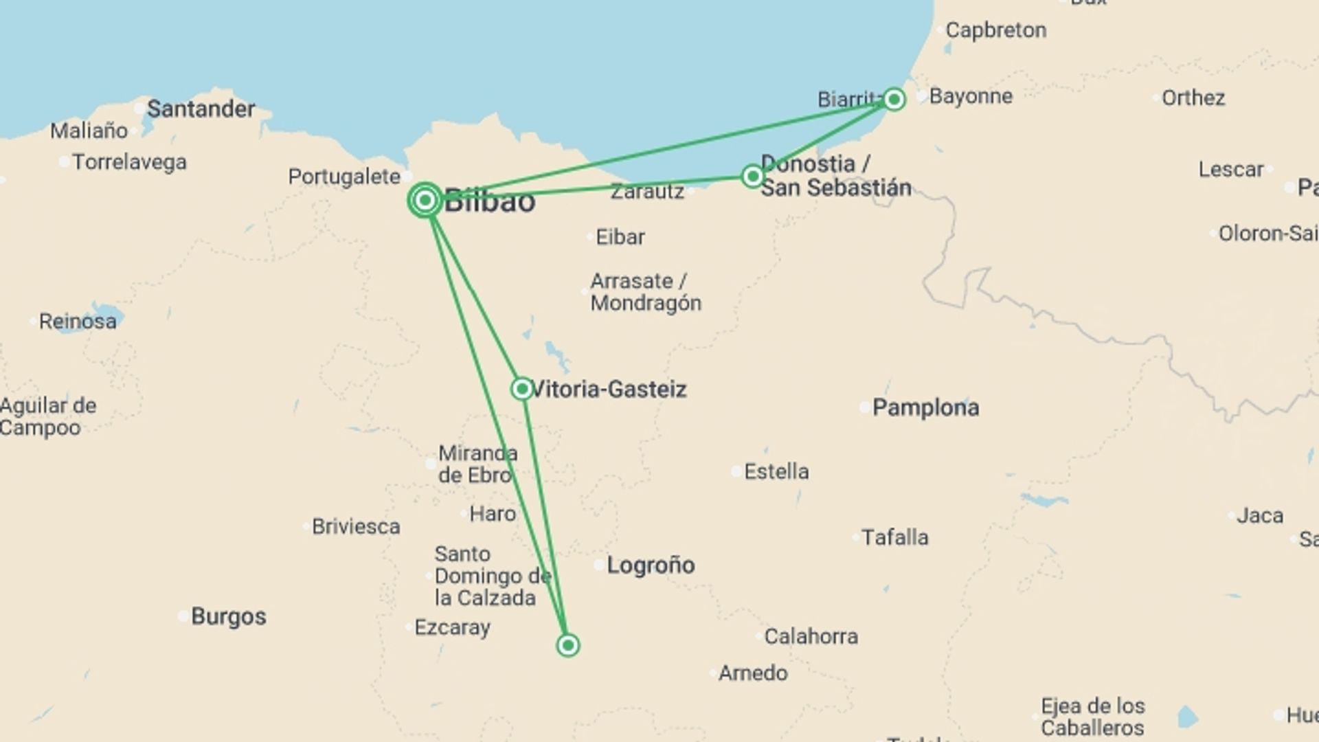 A map showing the tour itinerary for the trip: Best of Basque Country From Bilbao (Superior) - 7 days, starting in Bilbao, Spain and ending in Bilbao, Spain going through 2 other destinations.