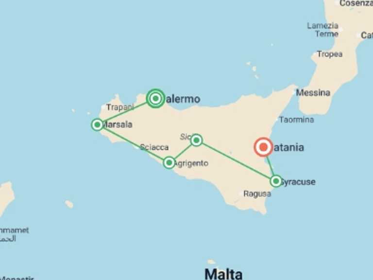 Map of Sicily Cultural, religious and historic sites Tour with 7 destination visits for the trip: Sicily Food & Wine