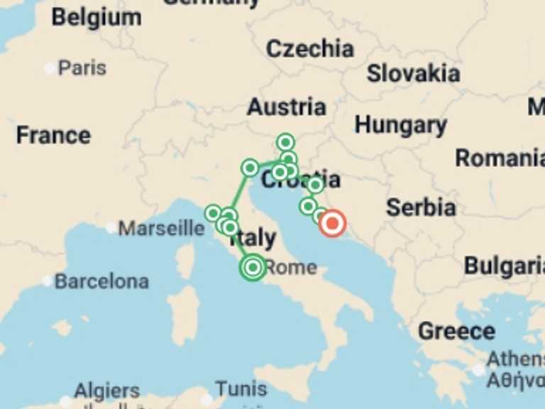 Map itinerary of Europe Tour in September 2026 with 10 destination visits for the trip: Premium Rome to Split