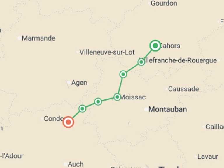 Map of France Tour with 8 destination visits for the trip: Le Puy Camino - Cahors to Lectoure
