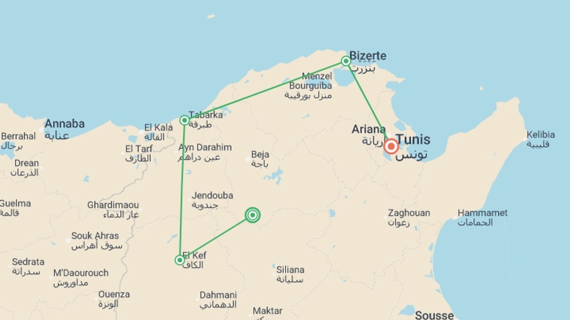 A map showing the tour itinerary for the trip: Tunisia Eclipse Extension, starting in Dougga, Tunisia and ending in Tunis, Tunisia going through 4 other destinations.