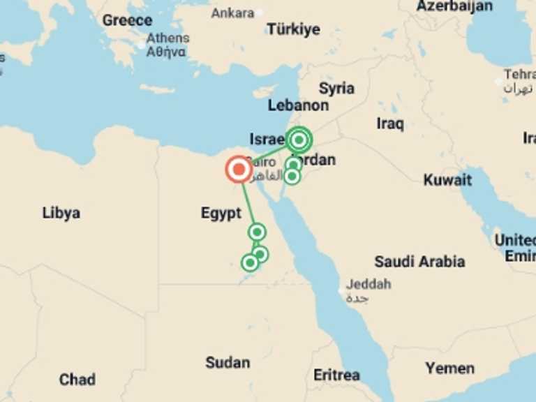 Map itinerary of Mediterranean Tour in September 2026 with 7 destination visits for the trip: Jordan & Egypt by Nile Cruise (5 & 4 Star Hotels)