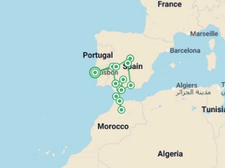 Map of Tangier Explorer Tour with 8 destination visits for the trip: Lisbon, Andalucia & Morocco Loop - 12 days