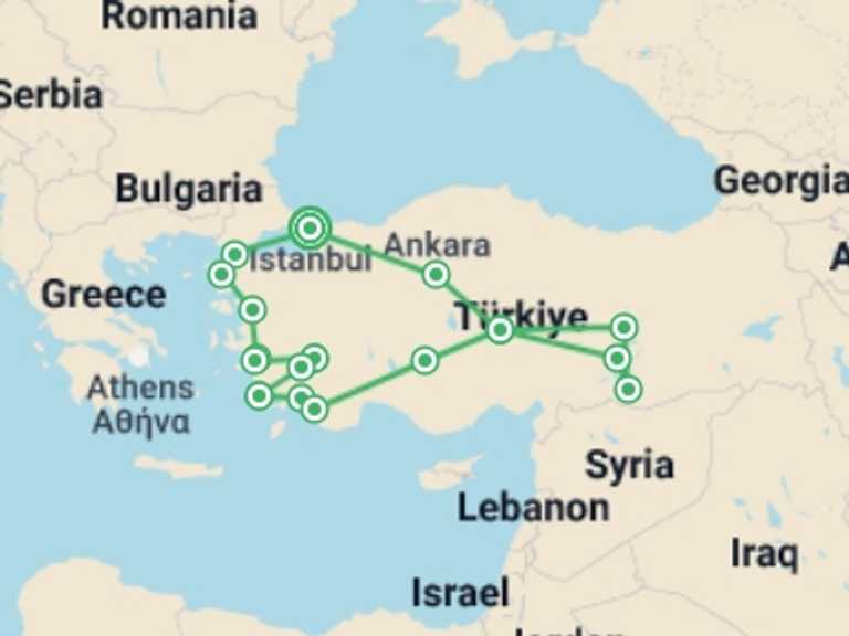 Map of Turkey Cultural, religious and historic sites Tour with 11 destination visits for the trip: Turkey Encounters